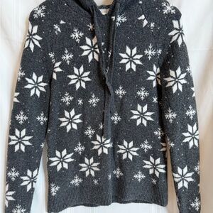 Loft Snowflake Sweater Womens Small Charcoal Gray  Hooded Cozy Soft Wool Blend